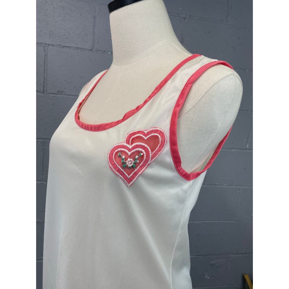 Vintage White Nylon Camisole Tank Top with Pink Heart Cut Out Applique Small